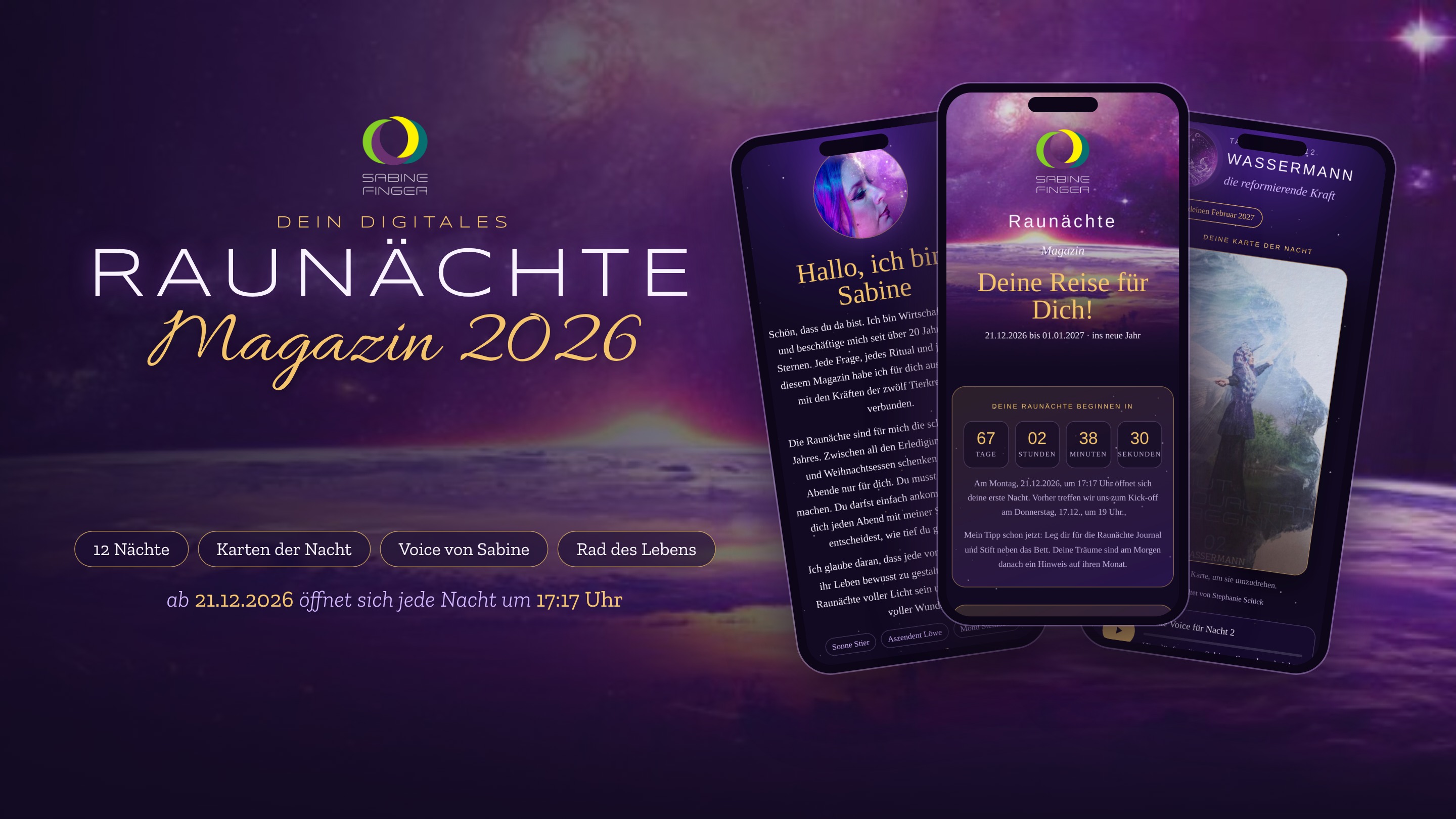 Das digitale Raunächte-Magazin von Sabine Finger auf drei Smartphones