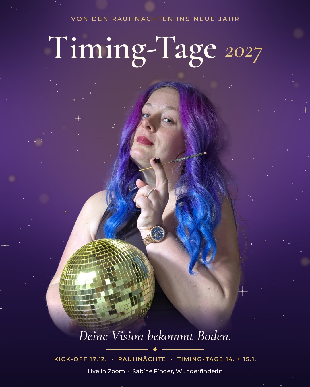 Sabine Finger mit Discokugel, Timing-Tage 2027